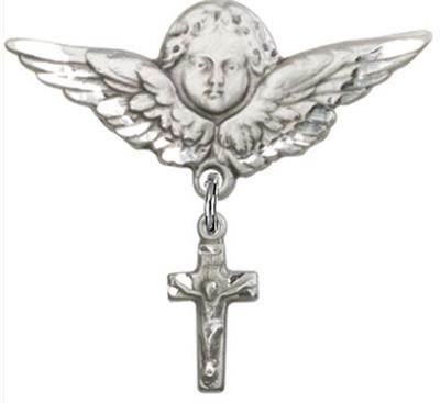 Large Angel Pin with Crucifix Charm, Sterling Silver, # 67084