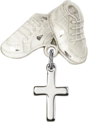 Baby Boots Pin with Cross Charm, Sterling Silver, # 67099