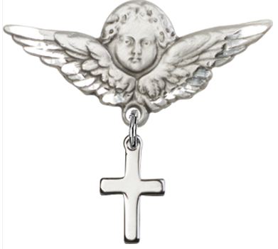 Large Angel Pin with Cross Charm, Sterling Silver, # 67105