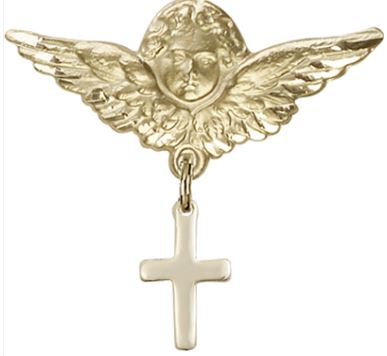 Large Angel Pin with Cross Charm, Solid 14kt Gold, # 67107