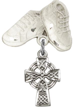 Baby Boots Pin with Celtic Cross Charm, Sterling Silver, # 67120