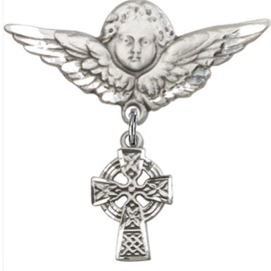 Large Angel Pin with Celtic Cross Charm, Sterling Silver, # 67126