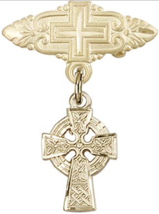 Baby Pin with Celtic Cross Charm, Solid 14kt Gold, # 67134