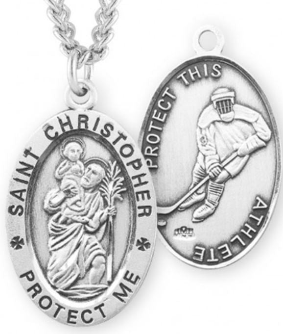 St. Christopher / Hockey Medal, 15/16" Oval, Your Choice of Chain, # 6714