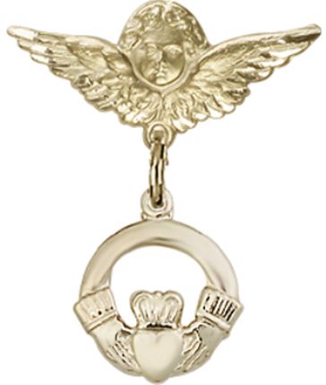 Small Angel Pin with Claddagh Charm, Solid 14kt Gold, # 67146