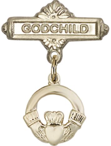 Godchild Baby Pin with Claddagh Charm, Solid 14kt Gold, # 67161