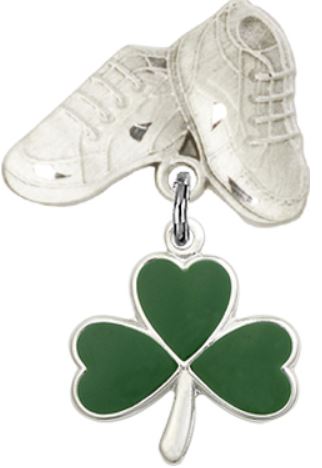 Baby Boots Pin with Green Shamrock Charm, Sterling Silver, # 67162