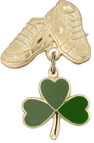 Baby Boots Pin with Green Shamrock Charm, Solid 14kt Gold, # 67164