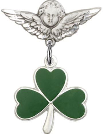 Small Angel Pin with Green Shamrock Charm, Sterling Silver, # 67165