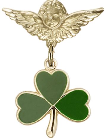 Small Angel Pin with Green Shamrock Charm, Solid 14kt Gold, # 67167