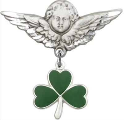 Large Angel Pin with Green Shamrock Charm, Sterling Silver, # 67168