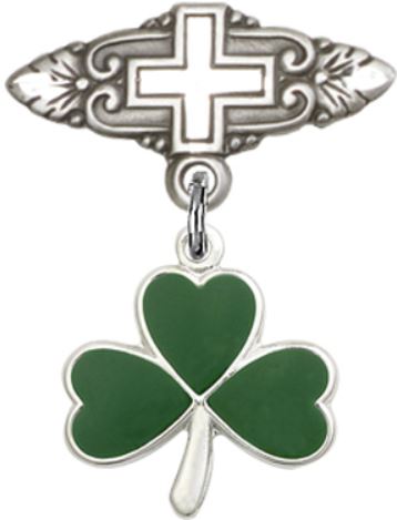 Baby Pin with Green Shamrock Charm, Sterling Silver, # 67174