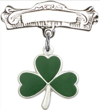 Baby Pin with Green Shamrock Charm, Sterling Silver, # 67177