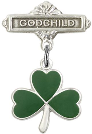 Godchild Baby Pin with Green Shamrock Charm, Sterling Silver, # 67180