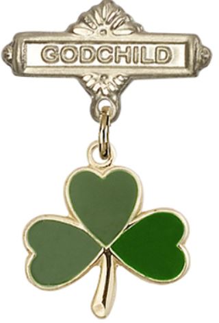 Godchild Baby Pin with Green Shamrock Charm, 14kt Gold Filled, # 67181