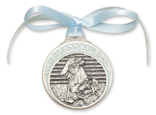 Pewter Baby in Manger Crib Medal with Blue Enamel & Ribbon, # 67183