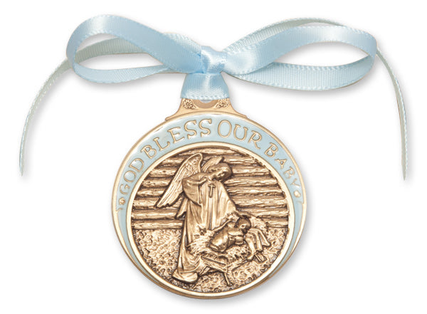 Gold Finish Baby in Manger Crib Medal with Blue Enamel & Ribbon, # 67184