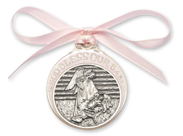 Pewter Baby in Manger Crib Medal with Pink Enamel & Ribbon, # 67185