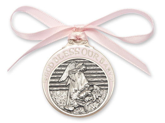 Pewter Baby in Manger Crib Medal with Pink Enamel & Ribbon, # 67185