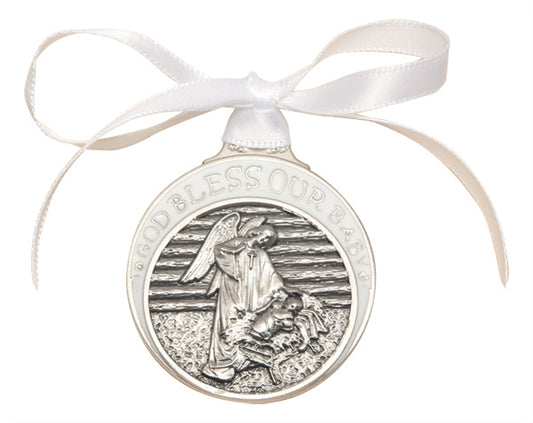 Pewter Baby in Manger Crib Medal with White Enamel & Ribbon, # 67187