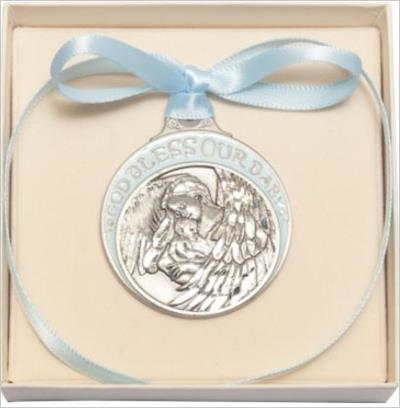 Pewter Angel with Baby Crib Medal with Blue Enamel & Ribbon, # 67189
