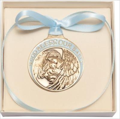 Gold Finish Angel with Baby Crib Medal with Blue Enamel & Ribbon, # 67190