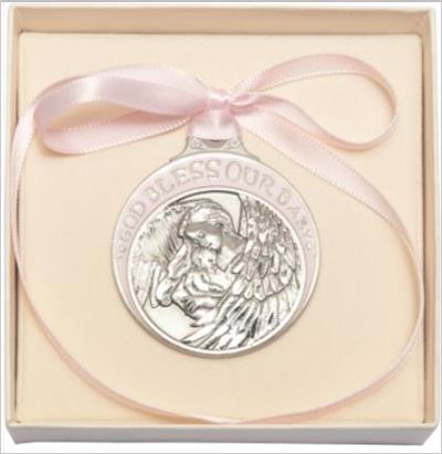 Pewter Angel with Baby Crib Medal with Pink Enamel & Ribbon, # 67191