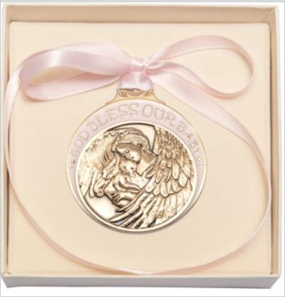 Gold Finish Angel with Baby Crib Medal with Pink Enamel & Ribbon, # 67192