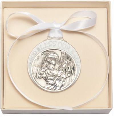 Pewter Angel with Baby Crib Medal with White Enamel & Ribbon, # 67193
