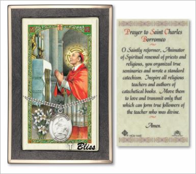 St. Charles Borromeo Medal with Prayer Card, Gift Boxed, Sterling Silver, # 67272
