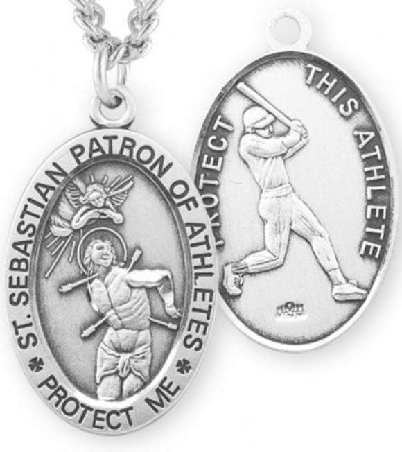St. Sebastian / Baseball Sterling Silver Medal, 15/16" Oval, Your Choice of Chain, # 6729