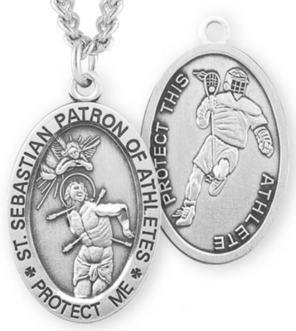 St. Sebastian / Lacrosse Medal, 15/16" Oval, Your Choice of Chain, # 6732