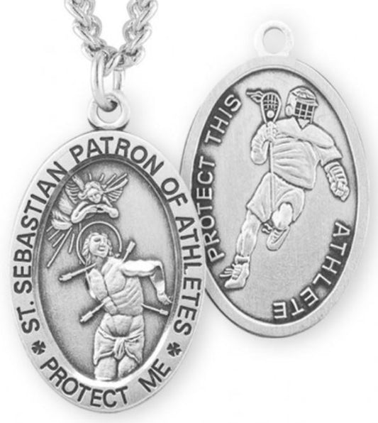 St. Sebastian / Lacrosse Medal, 15/16" Oval, Your Choice of Chain, # 6732