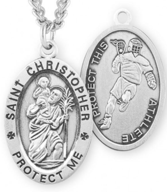 St. Christopher / Lacrosse Medal, 15/16" Oval, Your Choice of Chain, # 6734