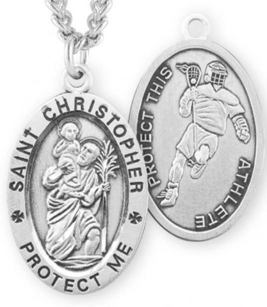 St. Christopher / Lacrosse Medal, 15/16" Oval, Your Choice of Chain, # 6734