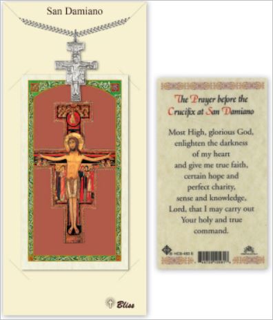 San Damiano Crucifix Pewter Medal with Prayer Card, # 67350