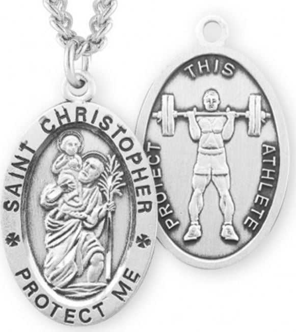 St. Christopher / Weight Lifting Medal, 15/16" Oval, Your Choice of Chain, # 6738