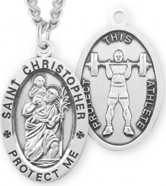 St. Christopher / Weight Lifting Medal, 15/16" Oval, Your Choice of Chain, # 6738