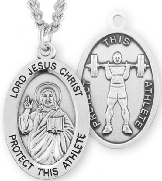 Christ / Weight Lifting Medal, 15/16" Oval, Your Choice of Chain, # 6741