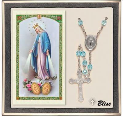 6mm Aqua Miraculous Medal Silver Plate Rosary with Prayer Card, # 67496