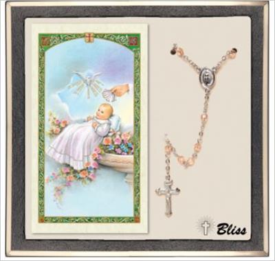 4mm Light Rose Baptism Silver Plate Rosary with Prayer Card, # 67497