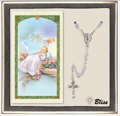 4mm Light Blue Baptism Silver Plate Rosary with Prayer Card, # 67498