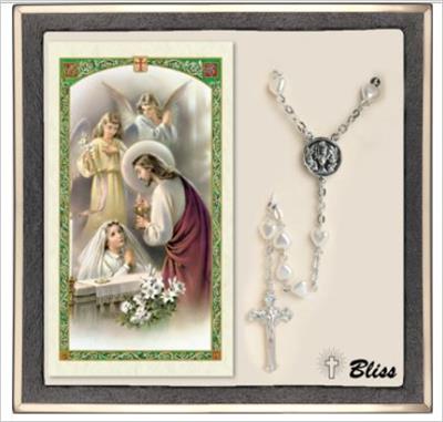 Pearl Heart Girl's First Communion Silver Plate Rosary with Prayer Card, # 67499