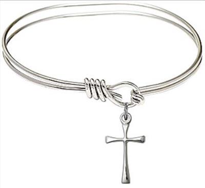 Oval Eye Hook Bangle Bracelet, 5-3/4", Rhodium Finish, Cross Charm, # 67505