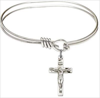 Oval Eye Hook Bangle Bracelet, 5-3/4", Rhodium Finish, Crucifix Charm, # 23981
