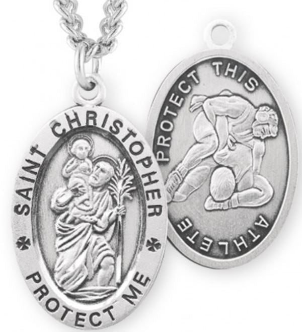 St. Christopher / Wrestling Medal, 15/16" Oval, Your Choice of Chain, # 6753