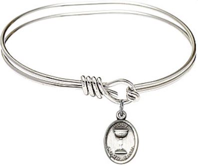 Oval Eye Hook Bangle Bracelet, 5-3/4", Rhodium Finish, First Communion Charm, # 67545