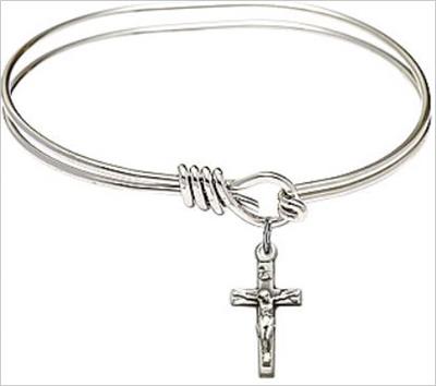 Oval Eye Hook Bangle Bracelet, 5-3/4", Rhodium Finish, Crucifix Charm, # 67558