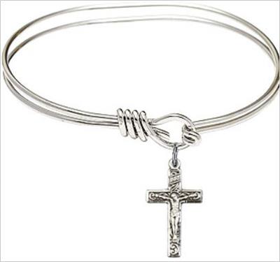 Oval Eye Hook Bangle Bracelet, 5-3/4", Rhodium Finish, Crucifix Charm, # 23912