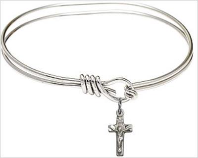 Oval Eye Hook Bangle Bracelet, 5-3/4", Rhodium Finish, Crucifix Charm, # 67570